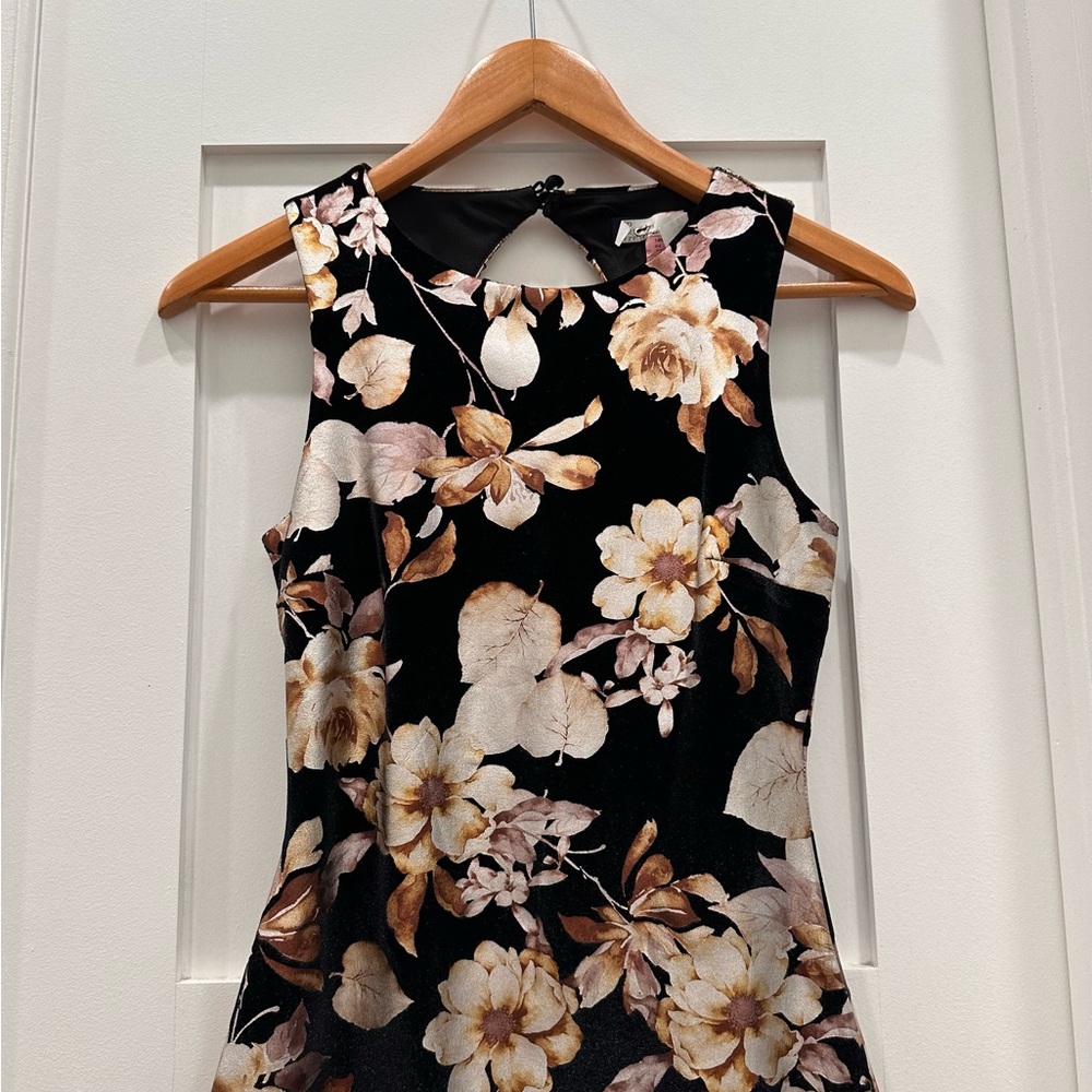 Macy’s Velvet Black Dress with Beige Flowers | Mini Side Split